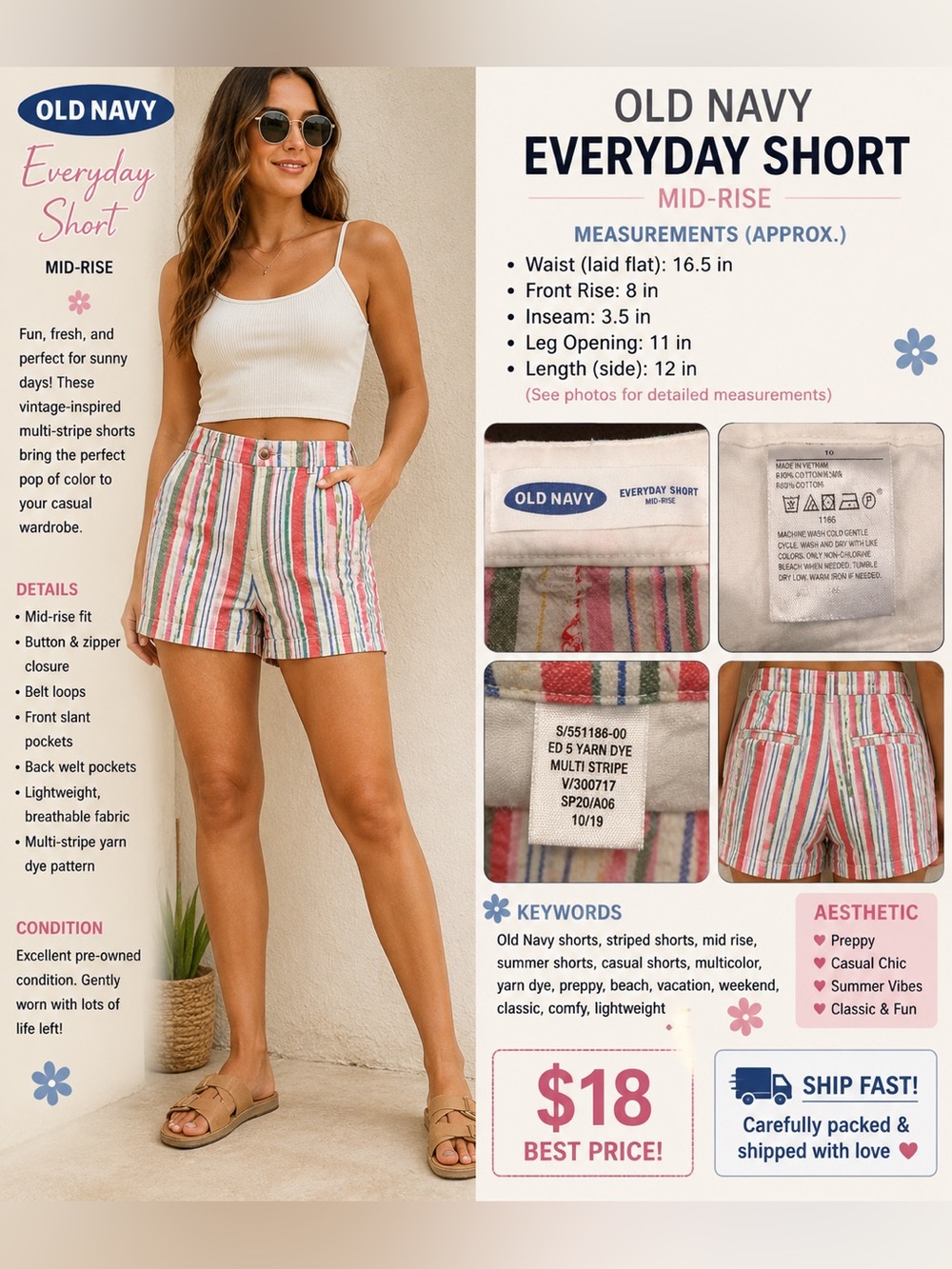 Old Navy Multicolor Striped Women's Shorts - Red, Green, Blue